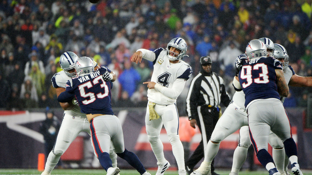 FOXBOROUGH, MASSACHUSETTS - NOVEMBER 24: Dak Prescott #4 of the Dallas Cowboys throws a pass during the first half against the New England Patriots in the game at Gillette Stadium on November 24, 2019 in Foxborough, Massachusetts.