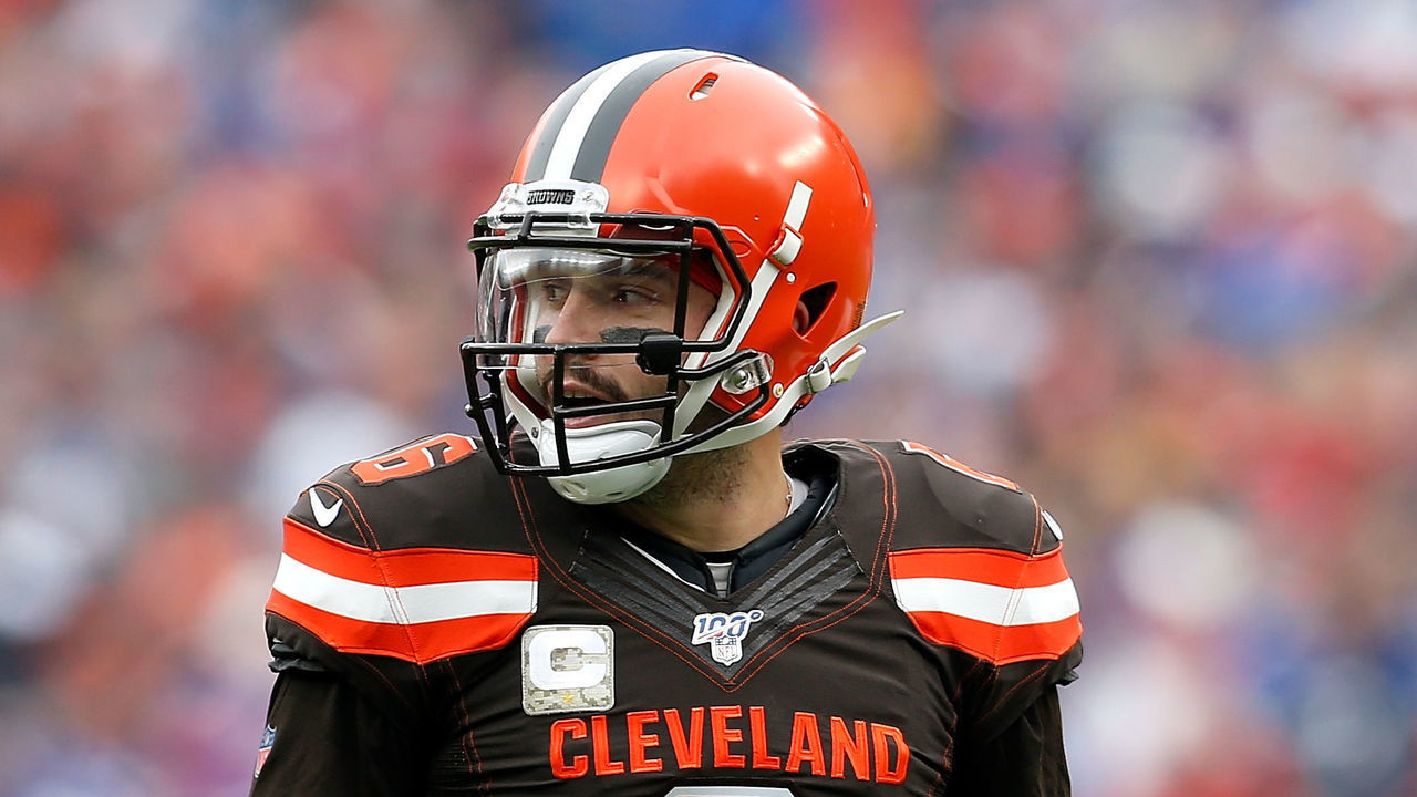 CLEVELAND, OH - NOVEMBER 10: Baker Mayfield #6 of the Cleveland Browns stands on the field during the game against the Buffalo Bills at FirstEnergy Stadium on November 10, 2019 in Cleveland, Ohio.