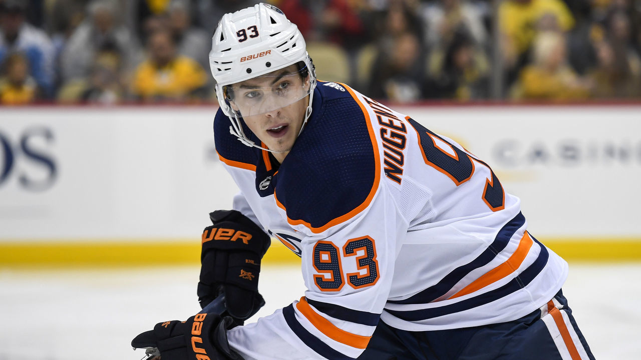 PITTSBURGH, PA - NOVEMBER 02: Edmonton Oilers Center Ryan Nugent-Hopkins (93) looks on during the second period in the NHL game between the Pittsburgh Penguins and the Edmonton Oilers on November 2, 2019, at PPG Paints Arena in Pittsburgh, PA.