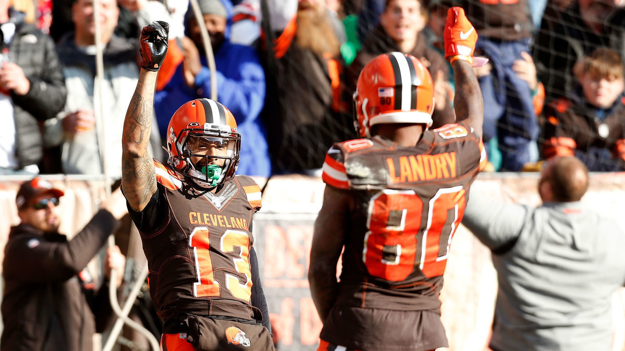 CLEVELAND, OH - NOVEMBER 24: Odell Beckham Jr. #13 of the Cleveland Browns celebrates with Jarvis Landry #80 after scoring a touchdown during the first quarter of the game against the Miami Dolphins at FirstEnergy Stadium on November 24, 2019 in Cleveland, Ohio.