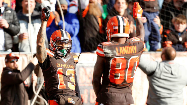 CLEVELAND, OH - NOVEMBER 24: Odell Beckham Jr. #13 of the Cleveland Browns celebrates with Jarvis Landry #80 after scoring a touchdown during the first quarter of the game against the Miami Dolphins at FirstEnergy Stadium on November 24, 2019 in Cleveland, Ohio.