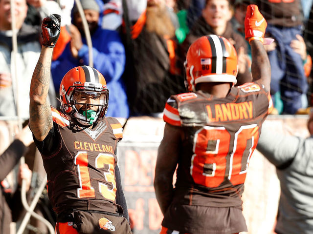 CLEVELAND, OH - NOVEMBER 24: Odell Beckham Jr. #13 of the Cleveland Browns celebrates with Jarvis Landry #80 after scoring a touchdown during the first quarter of the game against the Miami Dolphins at FirstEnergy Stadium on November 24, 2019 in Cleveland, Ohio.