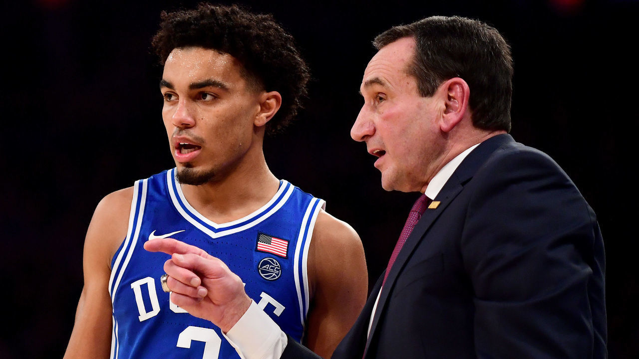 NEW YORK, NEW YORK - NOVEMBER 22: Duke Blue Devils head coach Mike Krzyzewski talks to Tre Jones #3 during the second half of their game against the Georgetown Hoyas at Madison Square Garden on November 22, 2019 in New York City.