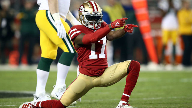 SANTA CLARA, CALIFORNIA - NOVEMBER 24: Wide receiver Emmanuel Sanders of the San Francisco 49ers reacts after making a catch for a first down during the first quarter of the game against the Green Bay Packers at Levi's Stadium on November 24, 2019 in Santa Clara, California.