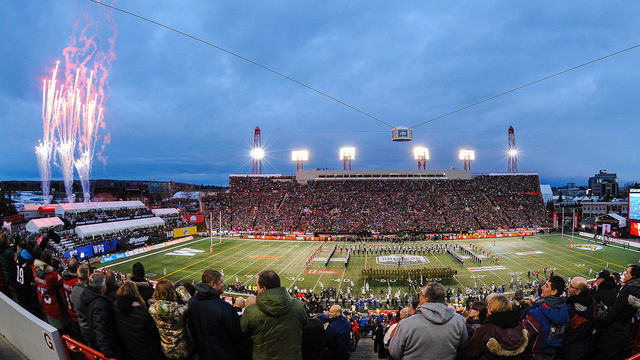 CALGARY, AB - NOVEMBER 24: A general view of the interior of McMahon Stadium as the national anthem is sang prior to the 107th Grey Cup Championship Game between the Winnipeg Blue Bombers and the Hamilton Tiger-Cats at McMahon Stadium on November 24, 2019 in Calgary, Alberta, Canada.