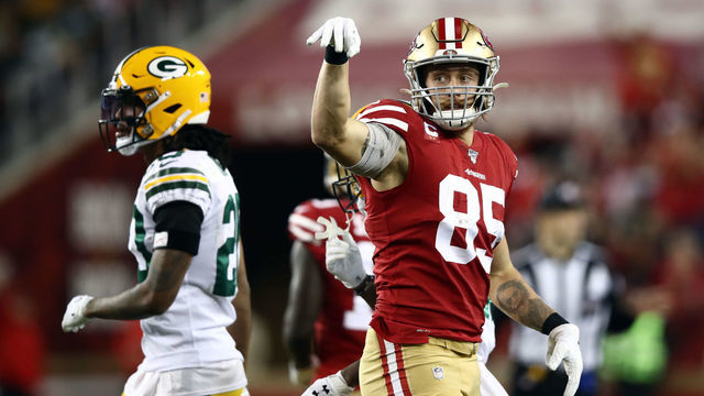 SANTA CLARA, CALIFORNIA - NOVEMBER 24: Tight end George Kittle #85 of the San Francisco 49ers reacts after a first down during the first half of the game against the Green Bay Packers at Levi's Stadium on November 24, 2019 in Santa Clara, California.