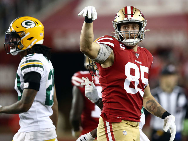 SANTA CLARA, CALIFORNIA - NOVEMBER 24: Tight end George Kittle #85 of the San Francisco 49ers reacts after a first down during the first half of the game against the Green Bay Packers at Levi's Stadium on November 24, 2019 in Santa Clara, California.