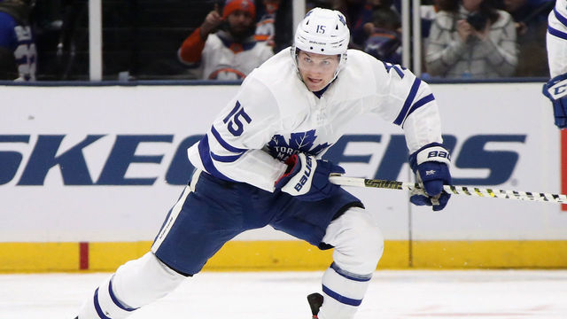 UNIONDALE, NEW YORK - NOVEMBER 13: Alexander Kerfoot #15 of the Toronto Maple Leafs skates against the New York Islanders at NYCB Live's Nassau Coliseum on November 13, 2019 in Uniondale, New York. The Islanders defeated the Maple Leafs 5-4