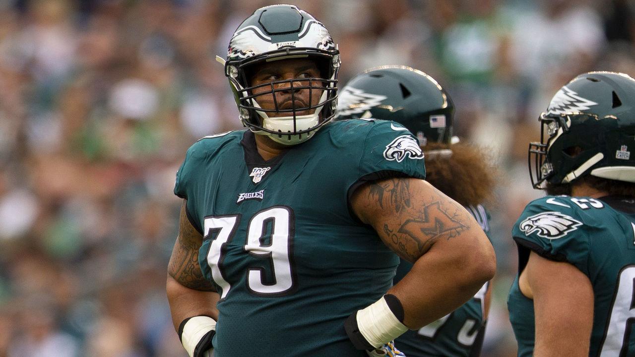 PHILADELPHIA, PA - OCTOBER 06: Brandon Brooks #79 of the Philadelphia Eagles looks on against the New York Jets at Lincoln Financial Field on October 6, 2019 in Philadelphia, Pennsylvania.