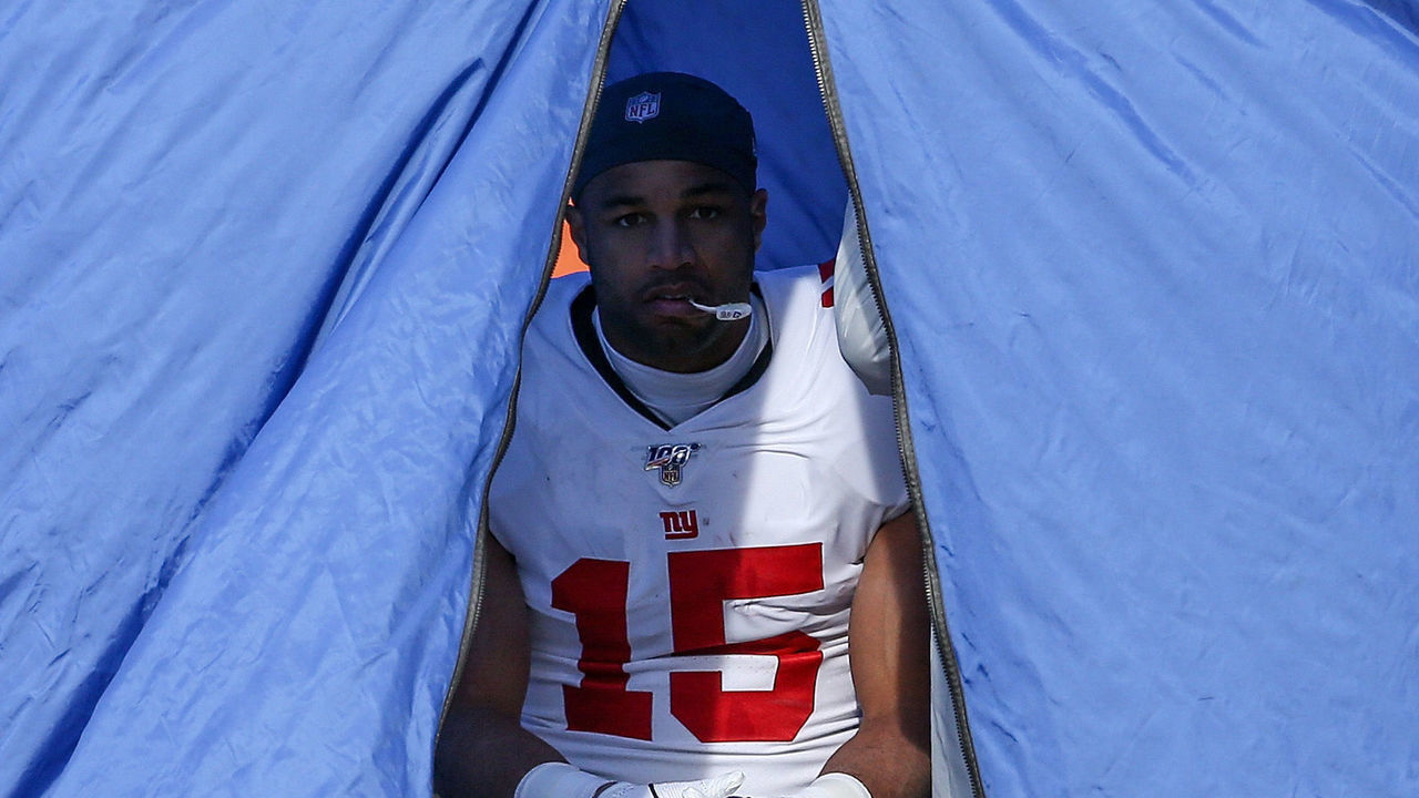 CHICAGO, ILLINOIS - NOVEMBER 24: Golden Tate #15 of the New York Giants is tested for a concussion after taking a hit in the first quarter against the Chicago Bears at Soldier Field on November 24, 2019 in Chicago, Illinois.