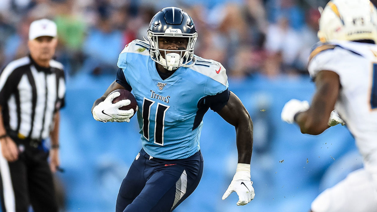 NASHVILLE, TN - OCTOBER 20: Tennessee Titans wide receiver A.J. Brown (11) runs around the corner during a game between the Los Angeles Chargers and Tennessee Titans on October 20, 2019, at Nissan Stadium in Nashville, TN.