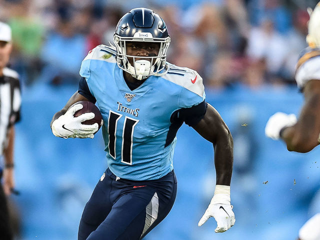 NASHVILLE, TN - OCTOBER 20: Tennessee Titans wide receiver A.J. Brown (11) runs around the corner during a game between the Los Angeles Chargers and Tennessee Titans on October 20, 2019, at Nissan Stadium in Nashville, TN.