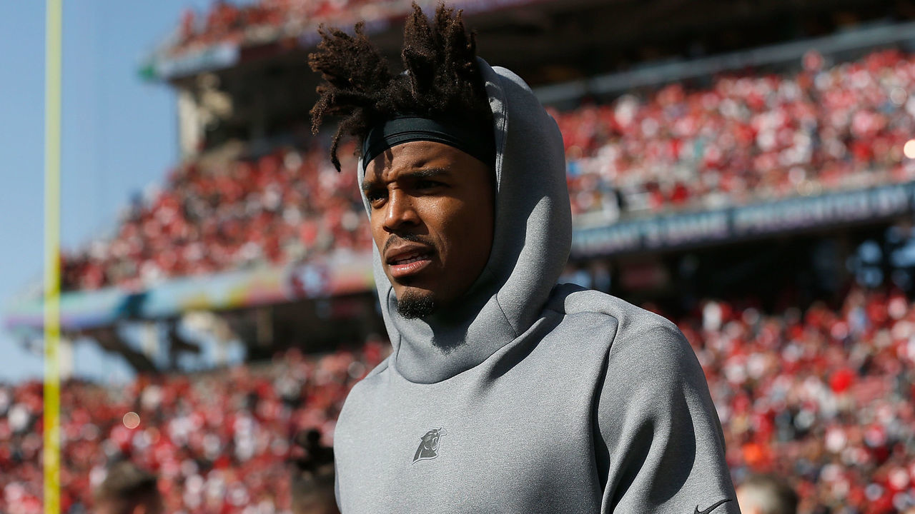 SANTA CLARA, CALIFORNIA - OCTOBER 27: Cam Newton #1 of the Carolina Panthers walks on the sideline before the game against the San Francisco 49ers at Levi's Stadium on October 27, 2019 in Santa Clara, California.