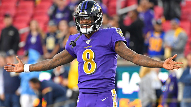 LOS ANGELES, CA - NOVEMBER 25: Lamar Jackson #8 of the Baltimore Ravens warms up before the game against the Los Angeles Rams at Los Angeles Memorial Coliseum on November 25, 2019 in Los Angeles, California.