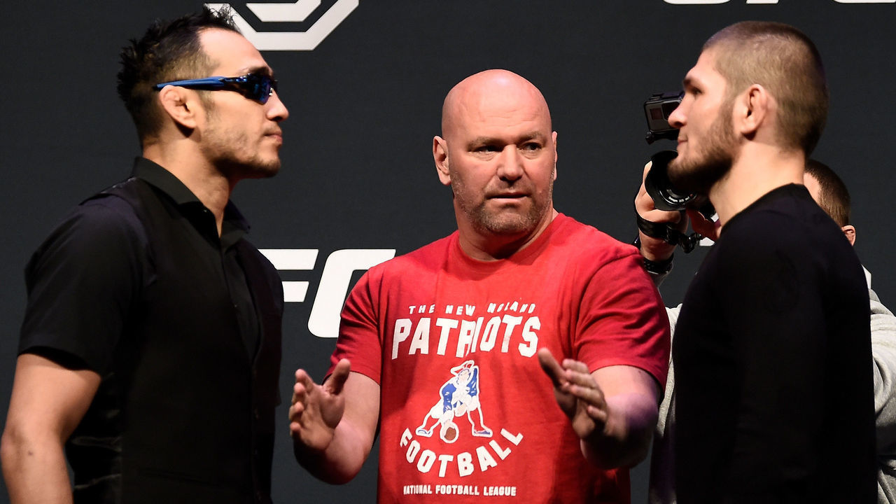BOSTON, MA - JANUARY 19: (L-R) Opponents Tony Ferguson and Khabib Nurmagomedov face off during the UFC press conference at TD Garden on January 19, 2018 in Boston, Massachusetts.