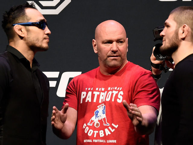 BOSTON, MA - JANUARY 19: (L-R) Opponents Tony Ferguson and Khabib Nurmagomedov face off during the UFC press conference at TD Garden on January 19, 2018 in Boston, Massachusetts.