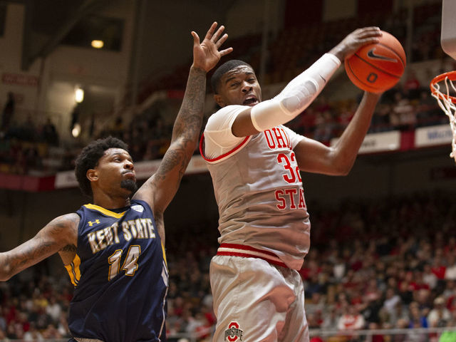 COLUMBUS, OH - NOVEMBER 25: Ohio State Buckeyes forward E.J. Liddell (32) rebound the ball over Kent State Golden Flashes forward Tervell Beck (14) during the game between the Ohio State Buckeyes and the Kent State Golden Flashes at the St. John Arena in Columbus, Ohio on November 25, 2019.