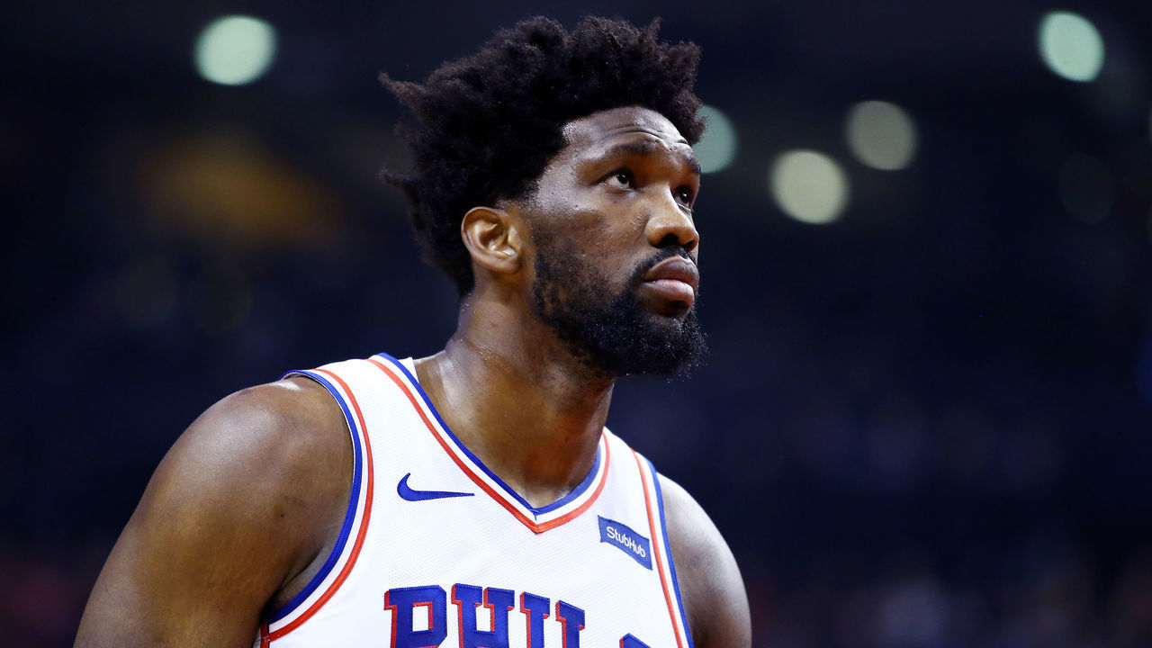 TORONTO, ON - NOVEMBER 25: Joel Embiid #21 of the Philadelphia 76ers looks on during the first half against the Toronto Raptors at Scotiabank Arena on November 25, 2019 in Toronto, Canada.