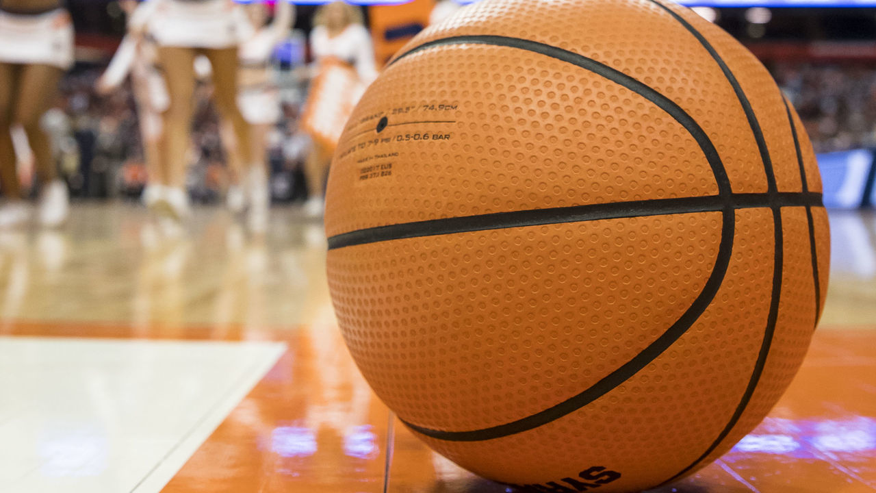SYRACUSE, NY - NOVEMBER 27: Detail view of basketball on the baseline during the game between the Syracuse Orange and the Maryland Terrapins at the Carrier Dome on November 27, 2017 in Syracuse, New York. Syracuse defeats Maryland 72-70. *** Local Caption ***