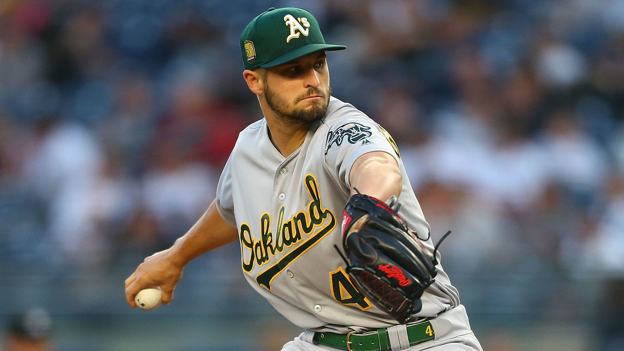 NEW YORK, NY - MAY 11: Kendall Graveman #49 of the Oakland Athletics in action against the New York Yankees at Yankee Stadium on May 11, 2018 in the Bronx borough of New York City. Oakland Athletics defeated the New York Yankees 10-5.