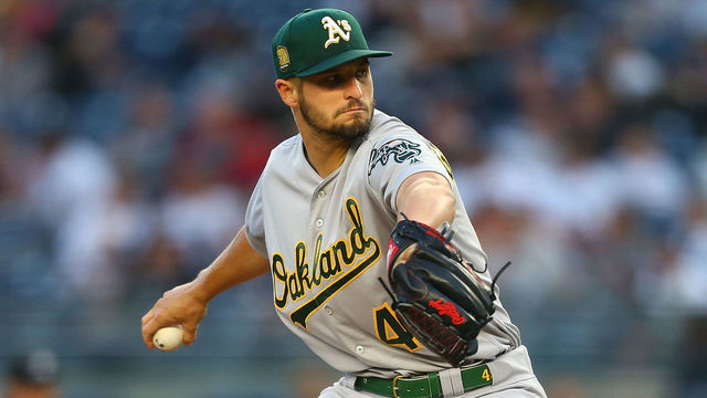 NEW YORK, NY - MAY 11: Kendall Graveman #49 of the Oakland Athletics in action against the New York Yankees at Yankee Stadium on May 11, 2018 in the Bronx borough of New York City. Oakland Athletics defeated the New York Yankees 10-5.