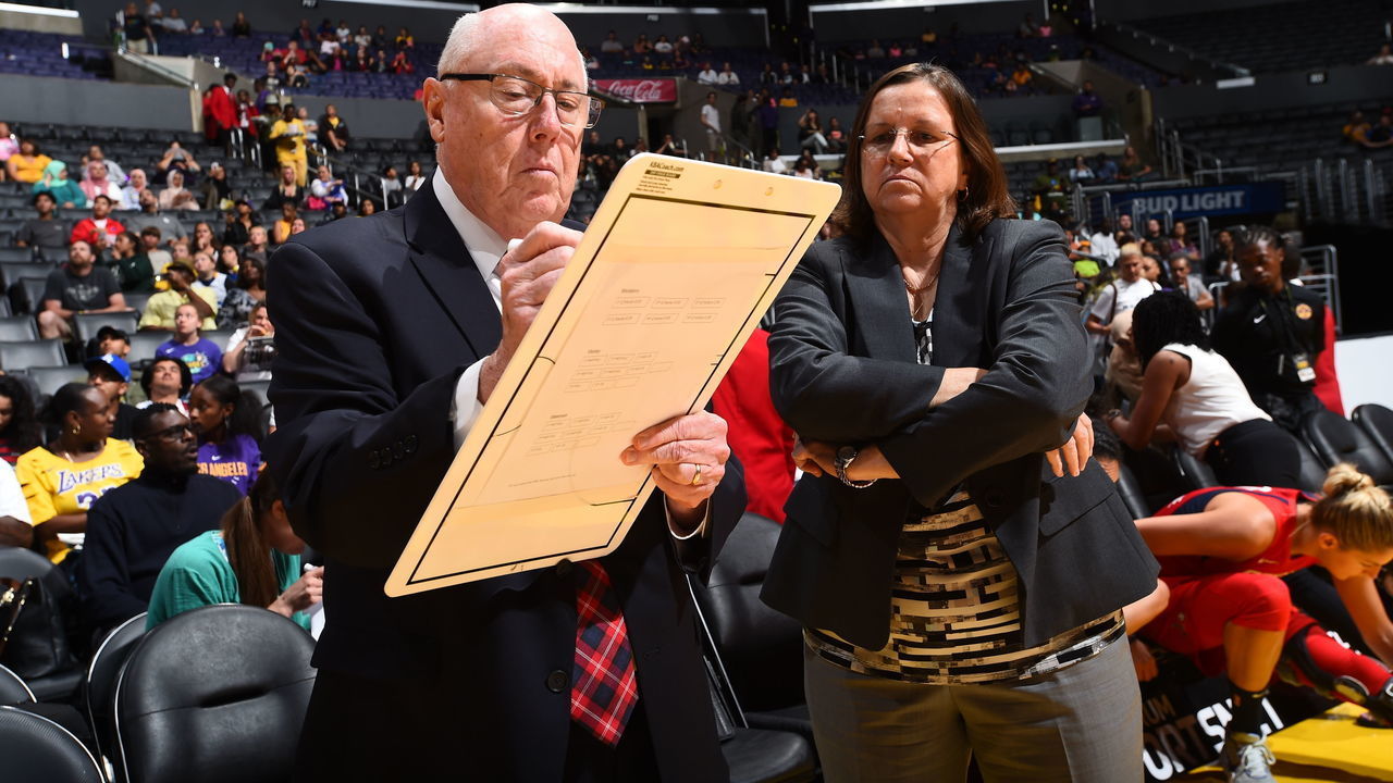 LOS ANGELES, CA - JULY 7: Head Coach Mike Thibault and Assistant Coach Marianne Stanley draw a play during the game against the Los Angeles Sparks on July 7, 2019 at the Staples Center in Los Angeles, California Mandatory Copyright Notice: Copyright 2019 NBAE