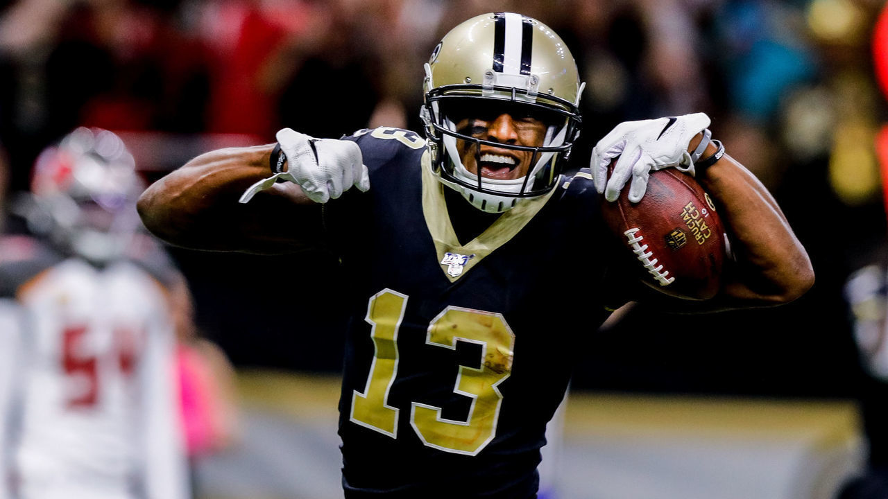 NEW ORLEANS, LA - OCTOBER 06: New Orleans Saints wide receiver Michael Thomas (13) runs in for a touchdown and celebrates during the game between the New Orleans Saints and the Tampa Bay Buccaneers on October 6, 2019 at the Mercedes-Benz Superdome in New Orleans, LA.