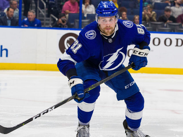 TAMPA, FL - NOVEMBER 14: Erik Cernak #81 of the Tampa Bay Lightning skates against the New York Rangers during the second period at Amalie Arena on November 14, 2019 in Tampa, Florida. "n