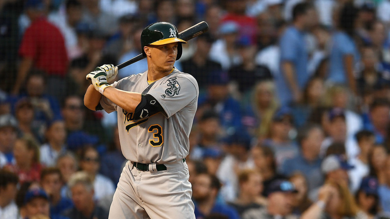 CHICAGO, ILLINOIS - AUGUST 06: Dustin Garneau #3 of the Oakland Athletics at bat during a game against the Chicago Cubs at Wrigley Field on August 06, 2019 in Chicago, Illinois. The A's defeated the Cubs 11-4.