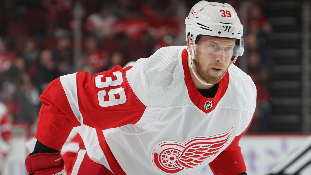 NEWARK, NEW JERSEY - NOVEMBER 23: Anthony Mantha #39 of the Detroit Red Wings skates against the New Jersey Devils at the Prudential Center on November 23, 2019 in Newark, New Jersey. The Devils defeated the Red Wings 5-1.