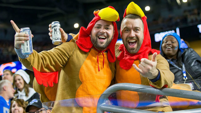 DETROIT, MI - NOVEMBER 22: Some Detroit Lions fans dressed up in their turkey outfits having fun during an NFL, Thanksgiving Day game against the Chicago Bears at Ford Field on November 22, 2018 in Detroit, Michigan. The Bears defeated the Lions 23-16.