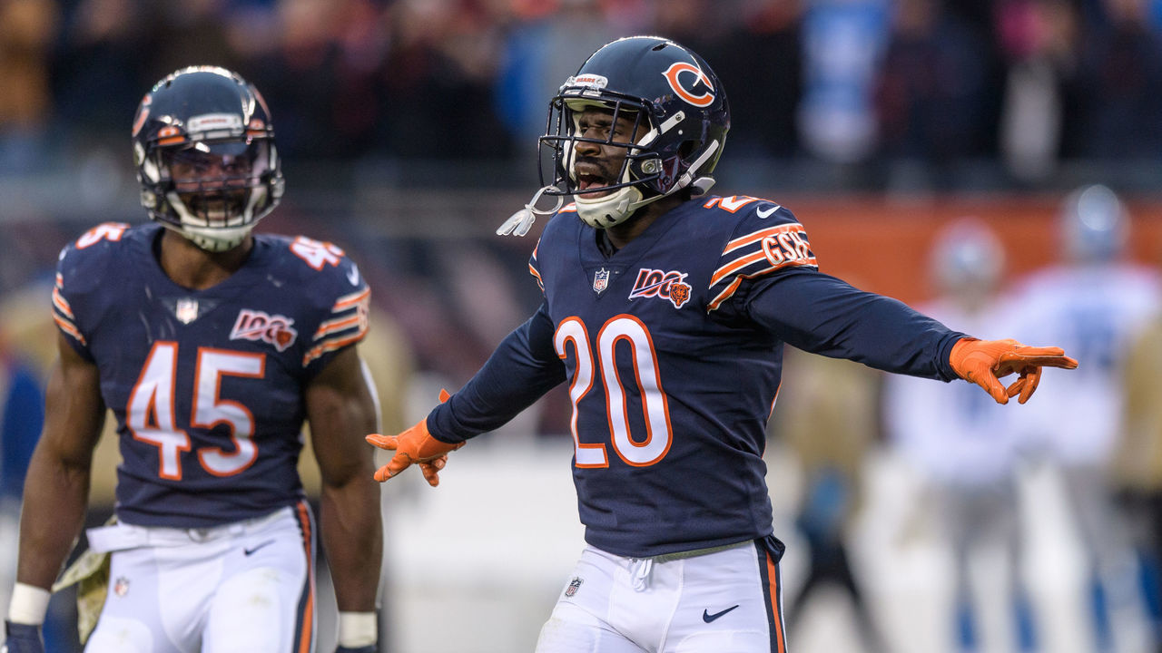 CHICAGO, IL - NOVEMBER 10: Chicago Bears Cornerback Prince Amukamara (20) celebrates a defensive play in the fourth quarter during an NFL football game between the Detroit Lions and the Chicago Bears on November 10, 2019, at Soldier Field in Chicago, IL. Chicago won 20-13.