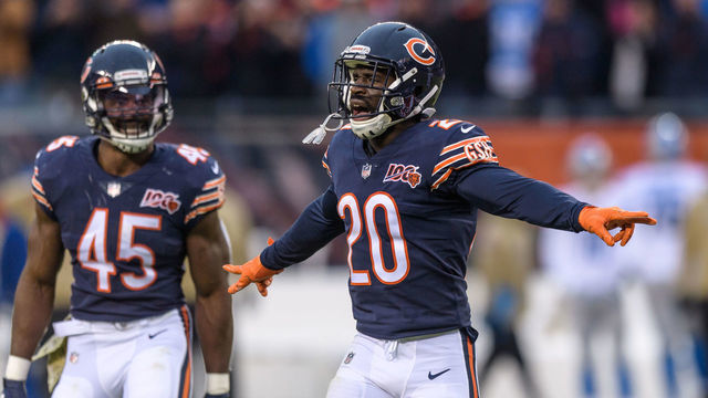 CHICAGO, IL - NOVEMBER 10: Chicago Bears Cornerback Prince Amukamara (20) celebrates a defensive play in the fourth quarter during an NFL football game between the Detroit Lions and the Chicago Bears on November 10, 2019, at Soldier Field in Chicago, IL. Chicago won 20-13.