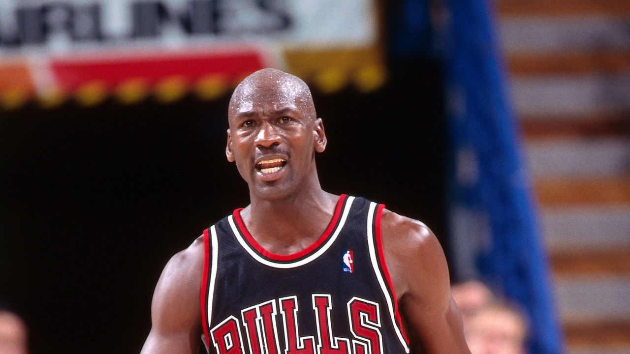 SACRAMENTO, CA - NOVEMBER 23: Michael Jordan #23 of the Chicago Bulls looks on against the Sacramento Kings on November 23, 1997 at Arco Arena in Sacramento, California. Mandatory Copyright Notice: Copyright 1997 NBAE