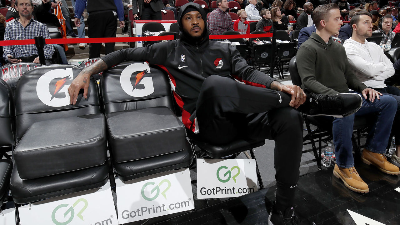 CHICAGO, IL - NOVEMBER 25: Carmelo Anthony #00 of the Portland Trail Blazers looks on before the game against the Chicago Bulls on November 25, 2019 at United Center in Chicago, Illinois. Mandatory Copyright Notice: Copyright 2019 NBAE