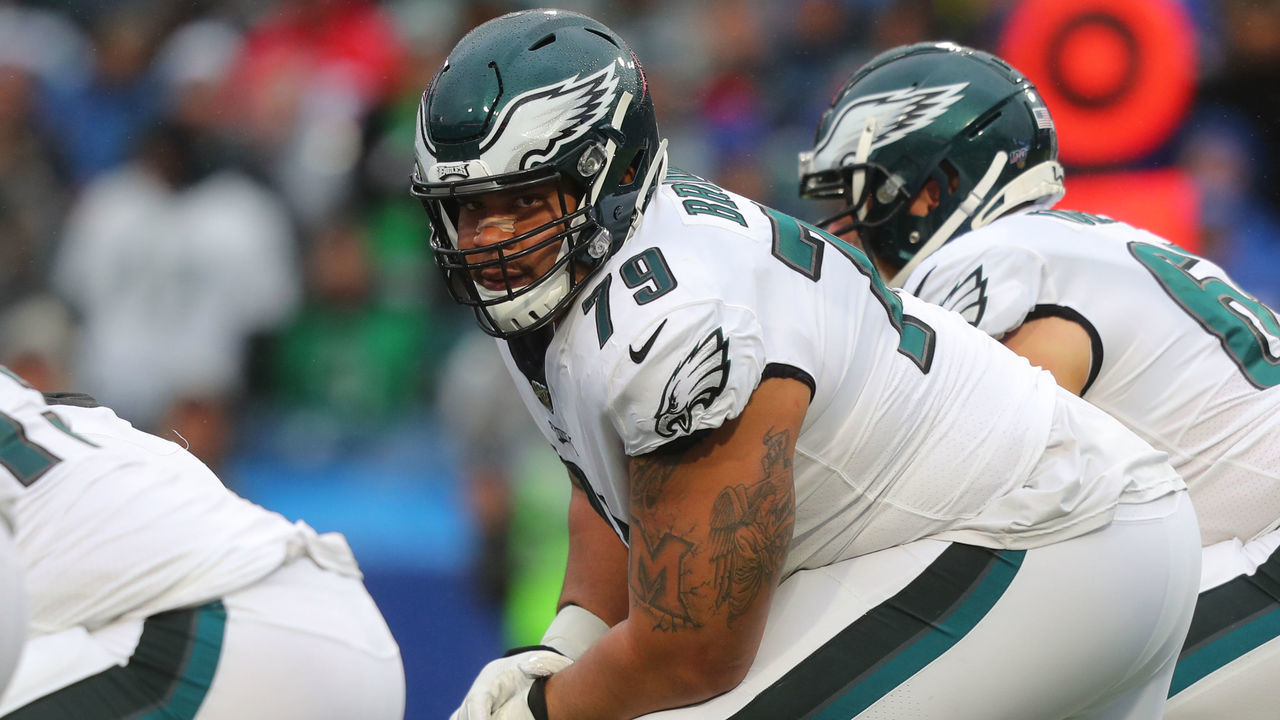 ORCHARD PARK, NY - OCTOBER 27: Brandon Brooks #79 of the Philadelphia Eagles waits for the snap against the Buffalo Bills at New Era Field on October 27, 2019 in Orchard Park, New York. Eagles beat the Bills 31 to 13.