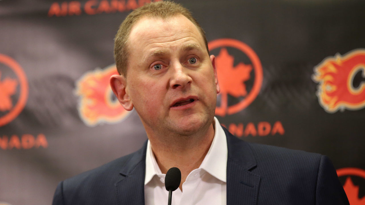 CALGARY, CANADA - FEBRUARY 27: General manager Brad Treliving of the Calgary Flames address the media before the trade deadline prior to the team's NHL game against the Ottawa Senators at the Scotiabank Saddledome on February 27, 2016 in Calgary, Alberta, Canada.