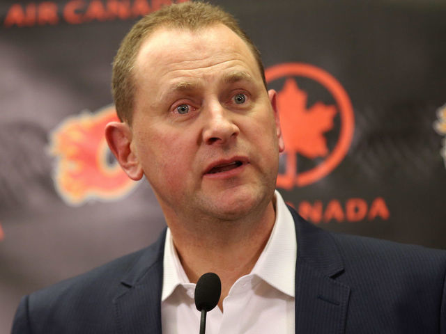 CALGARY, CANADA - FEBRUARY 27: General manager Brad Treliving of the Calgary Flames address the media before the trade deadline prior to the team's NHL game against the Ottawa Senators at the Scotiabank Saddledome on February 27, 2016 in Calgary, Alberta, Canada.