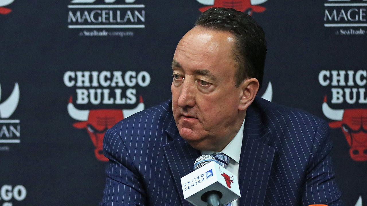 CHICAGO, IL - APRIL 13: John Paxson, Vice President of Basketball Operations (L) and Gar Forman, General Manager of the Chicago Bulls, address the media following the Bulls last game of the season against the Philadelphia 76ers at the United Center on April 13, 2016 in Chicago, Illinois. The Bulls defeated the 76ers 115-105. NOTE TO USER: User expressly acknowledges and agrees that, by downloading and or using the photograph, User is consenting to the terms and conditions of the Getty Images License Agreement.