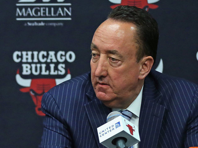 CHICAGO, IL - APRIL 13: John Paxson, Vice President of Basketball Operations (L) and Gar Forman, General Manager of the Chicago Bulls, address the media following the Bulls last game of the season against the Philadelphia 76ers at the United Center on April 13, 2016 in Chicago, Illinois. The Bulls defeated the 76ers 115-105. NOTE TO USER: User expressly acknowledges and agrees that, by downloading and or using the photograph, User is consenting to the terms and conditions of the Getty Images License Agreement.