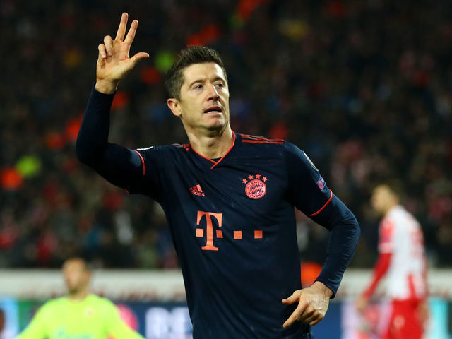 BELGRADE, SERBIA - NOVEMBER 26: Robert Lewandowski of FC Bayern Munich celebrates after scoring his team's fourth goal during the UEFA Champions League group B match between Crvena Zvezda and Bayern Muenchen at Rajko Mitic Stadium on November 26, 2019 in Belgrade, Serbia.