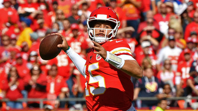 KANSAS CITY, MO - OCTOBER 13: Quarterback Patrick Mahomes #15 of the Kansas City Chiefs throws a pass down field during the first half against the Houston Texans at Arrowhead Stadium on October 13, 2019 in Kansas City, Missouri.