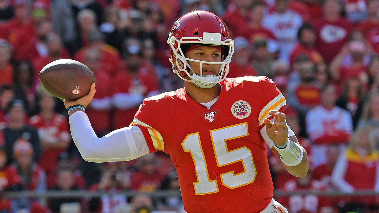 KANSAS CITY, MO - OCTOBER 13: Quarterback Patrick Mahomes #15 of the Kansas City Chiefs throws a pass down field during the second half against the Houston Texans at Arrowhead Stadium on October 13, 2019 in Kansas City, Missouri.