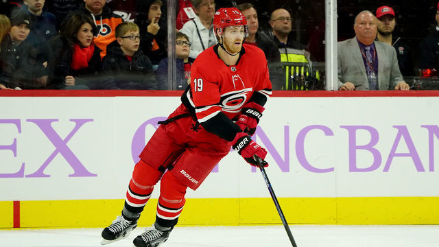 RALEIGH, NC - NOVEMBER 21: Dougie Hamilton #19 of the Carolina Hurricanes skates with the puck during an NHL game against the Philadelphia Flyers on November 21, 2019 at PNC Arena in Raleigh, North Carolina.