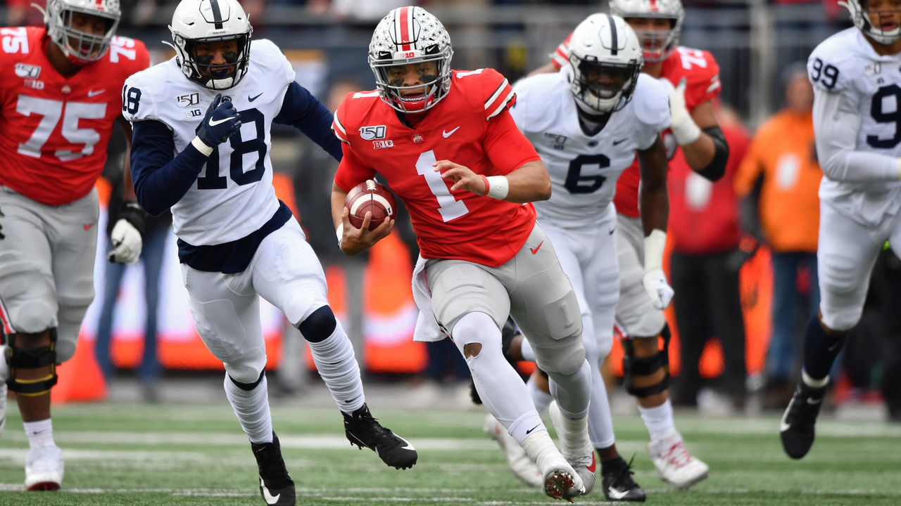 COLUMBUS, OH - NOVEMBER 23: Quarterback Justin Fields #1 of the Ohio State Buckeyes runs with the ball against the Penn State Nittany Lions at Ohio Stadium on November 23, 2019 in Columbus, Ohio.
