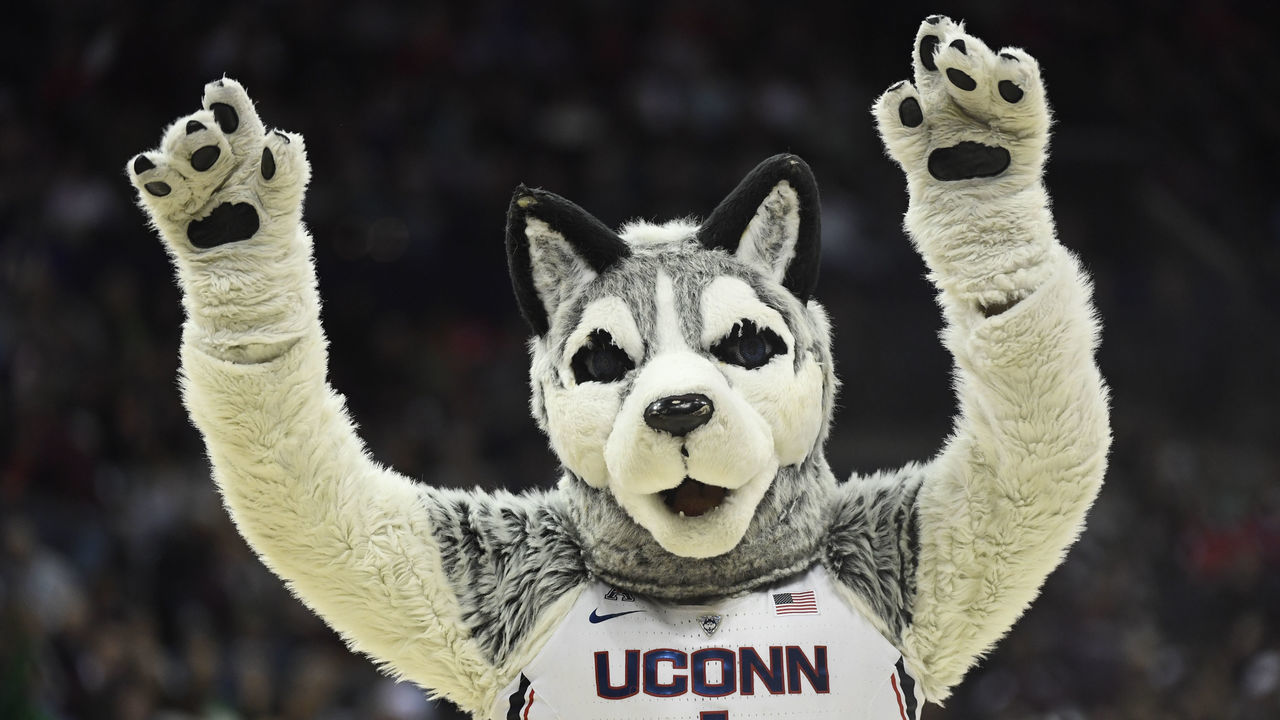 COLUMBUS, OH - MARCH 30: The Connecticut Huskies mascot performs during the semifinal game of the 2018 NCAA Photos via Getty Images Division I Women's Basketball Final Four at Nationwide Arena on March 30, 2018 in Columbus, Ohio. Notre Dame defeated Connecticut 91-89 to advance to the National Championship.