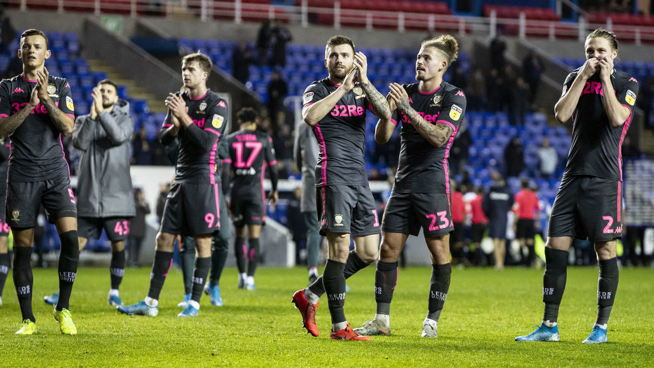 READING, ENGLAND - NOVEMBER 26: Leeds United players applaud their side's travelling supporters at the end of the match during the Sky Bet Championship match between Reading and Leeds United at Madejski Stadium on November 26, 2019 in Reading, England.