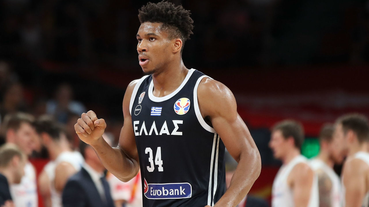 SHENZHEN, CHINA - SEPTEMBER 09: Giannis Antetokounmpo #34 of Greece celebrates after their team's win against Czech during FIBA World Cup 2019 Group K match between Czech Republic and Greece at Shenzhen Bay Sports Centre on September 9, 2019 in Shenzhen, China.