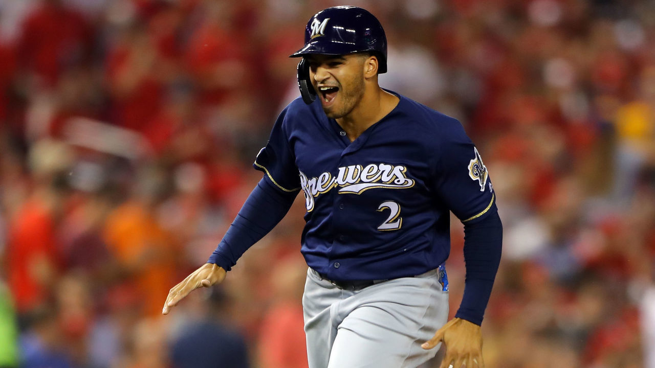 WASHINGTON, DC - OCTOBER 01: Trent Grisham #2 of the Milwaukee Brewers rounds the bases on a Yasmani Grandal #10 two-run home run in the first inning during the NL Wild Card game between the Milwaukee Brewers and the Washington Nationals at Nationals Park on Tuesday, October 1, 2019 in Washington, District of Columbia.