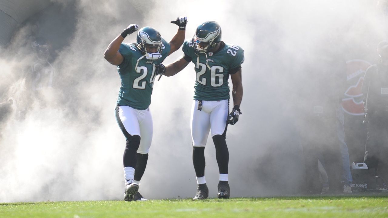 PHILADELPHIA - OCTOBER 26: Cornerback Sheldon Brown #24 and cornerback Lito Sheppard #26 of the Philadelphia Eagles enter the field during the game against the Atlanta Falcons on October 26, 2008 at Lincoln Financial Field in Philadelphia, Pennsylvania. The Eagles won 27-14.